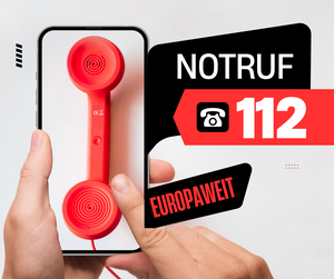 Bild vergr&ouml;&szlig;ern: Smartphone mit Anzeige „Notruf 112 – europaweit“ und rotem Telefonhörer.