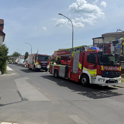 Bild vergr&ouml;&szlig;ern: Ein Drehleiterfahrzeug und ein Löschfahrzeug auf einer Straße