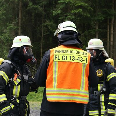 Bild vergr&ouml;&szlig;ern: Einsatzkräfte zum Teil unter Atemschutz vor Bäumen